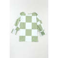 Grass Green Mix Checkered Print Shirred Cuffs Blouse