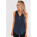 Blue Solid Color Buttons V Neck Ribbed Tank Top