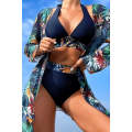 Navy Blue 3pcs Tropical Contrast Trim Halter Bikini Set with Cove up