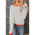 Gray Contrast Trimmed Striped Drop Shoulder Sweater