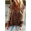 Brown Textured Knit Patchwork Leopard Hoodie