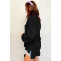 Black Exposed Seam Patchwork Bubble Sleeve Waffle Knit Top