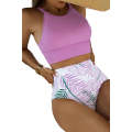 Purple Solid Strappy Halter Bikini Printed High Waist Swimsuit