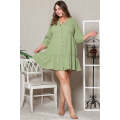 Green Textured Ruffled Buttoned V Neck Plus Size Mini Dress