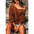 Brown Ribbed V Neck Drop Shoulder Textured Knit Sweater