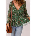 Green Floral Print Wrap V Neck Peplum Top