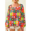 Multicolor Floral Crochet Square Neck Puff Sleeve Blouse