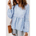Blue Ruffled Split Neck Lace Hollow Out Puff Sleeve Polka Dot Blouse