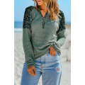 Green Leopard Waffle Knit Buttoned V Neck Blouse