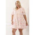 Pink Plus Size Floral Pattern Babydoll Swing Dress