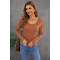 Brown Crewneck Buttons Ribbed Knit Long Sleeve Top