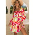Multicolor Abstract Print Puff Sleeve Smocked Square Neck Dress