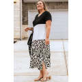 Black Leopard Color Block V Neck Plus Size Long Dress