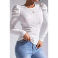 White Jacquard Textured Puff Sleeve O-Neck Top