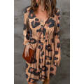 Leopard Print Button Front Bubble Sleeve Loose Knit Dress