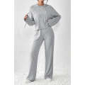 Gray Ribbed Knit Slouchy Hoodie Wide Leg Pants Set