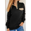 Black Quilted Snaps Stand Neck Sweatshirt with Fake Front Pocket