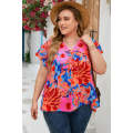 Red Abstract Floral Print V Neck Plus Blouse