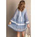 Blue Geometric Print V neck Flare Half Sleeve Ruffle Swing Mini Dress