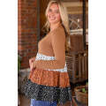 Brown Ribbed Long Sleeve Dotted Tiered Ruffled Flowy Top