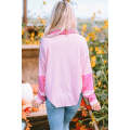 Pink Colorblock Waffle Patchwork Pocketed Shacket