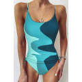 Green Printed Color Block Drawstring Sides One Piece Swimsuit