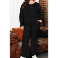 Black Plus Size Ribbed V Neck Pullover and Pants Set