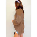 Dark Brown Exposed Seam Patchwork Bubble Sleeve Waffle Knit Top