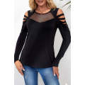 Black Mesh Patch Ripped Long Sleeve Top