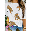White Leopard Print Drop Shoulder Casual T Shirt
