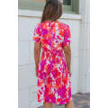 Rose Floral Smocked Waist Bubble Sleeve Flare Dress