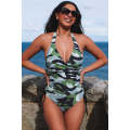 Green Camouflage Drawstring Backless One Piece Swimsuit
