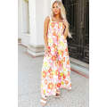 Multicolor Floral Print Shirred Sleeveless Wide Leg Jumpsuit