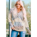 Apricot Leopard Patchwork Buttons Hooded Sweatshirt with Pocket