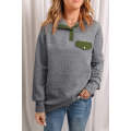 Dark Gray Quilted Snaps Stand Neck Sweatshirt with Fake Front Pocket