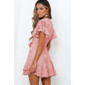 Pink Flutter Sleeve Wrap V Neck Floral Lace Short Dress