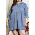 Light Blue Ruffled 3/4 Sleeve Buttoned Front Plus Size Denim Dress