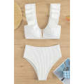 White Textured Ruffled Notched V Neck High Waist Bikini Set