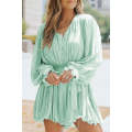 Green Pleated Ruffled Tie Waist Buttons V Neck Romper