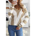 Khaki Striped Colorblock V Neck Knitted Sweater