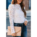 White Floral Lace Mock Neck Puff Long Sleeve Top