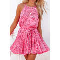Pink Leopard Print Sleeveless Mini Dress with Waist Tie