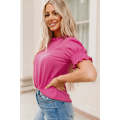 Rose Solid Color Smocked Puff Sleeve Blouse