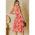 Pink Floral Square Neck Ruffled Flutter Sleeve Tiered Midi Dress