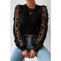 Black Floral Applique Mesh Sleeves Textured Knit Blouse