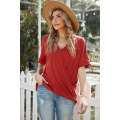 Red Short Sleeves Drape Knit Top