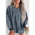 Blue Solid Ribbed Knit Round Neck Pullover Sweatshirt