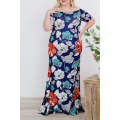 Blue Green Off-the-shoulder Floral Print Plus size Maxi Dress