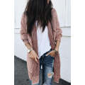 Pink Plaid Knitted Long Open Front Cardigan