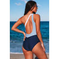 Sky Blue Color Block One Shoulder Backless One-piece Swimwear
